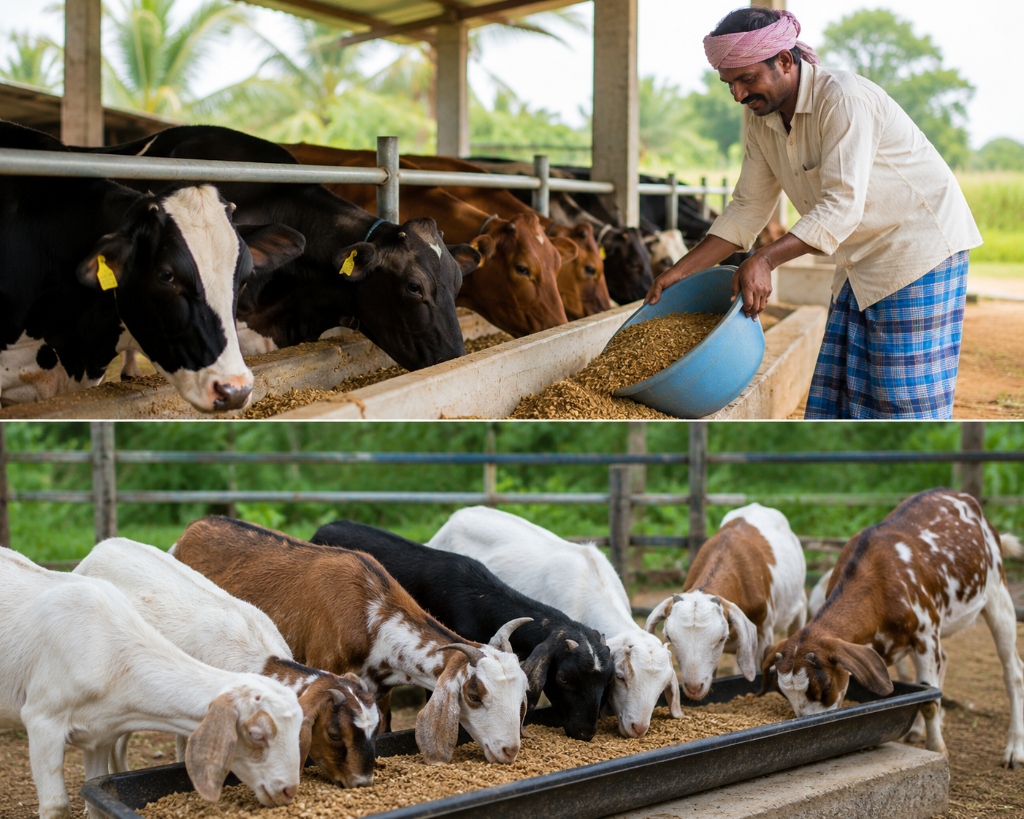 Indian livestock farmer feeding cattle and goats