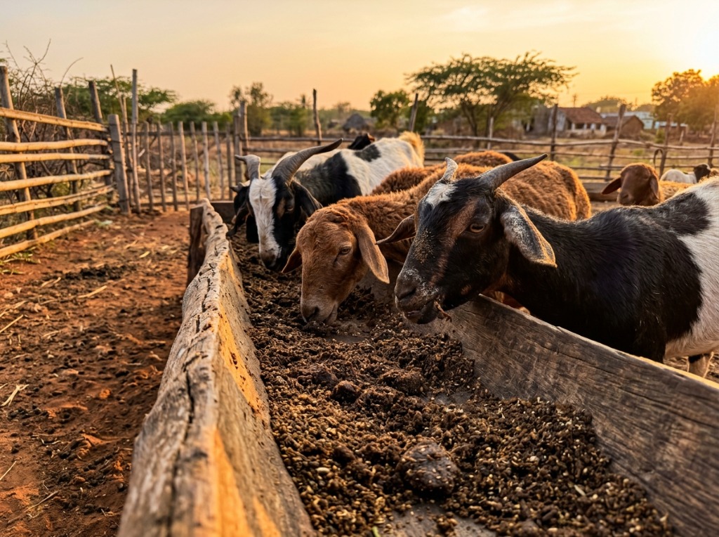 Healthy livestock consuming molasses mixed feed